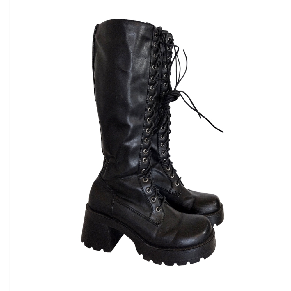 Vintage Y2K BONGO Black Chunky Platform Tall Combat Boots Size 7 1/2 Goth Bratz - Picture 2 of 7